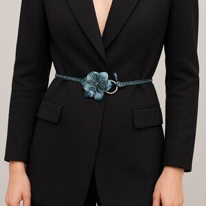 Cole Haan Leather Flower Belt Women’s Adjustable Thin Wrap Belt Black Made Italy